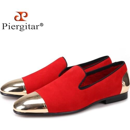 Piergitar new Red color velvet Handmade men shoes with Gold toe and back metal Fashion Party and Banquet loafers males flats