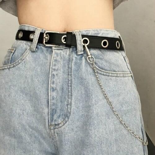 Women Punk Chain Fashion Belt Adjustable Double/Single Row Waistband Eyelet Belt with Chain Decorative Belts Jeans Female Belts