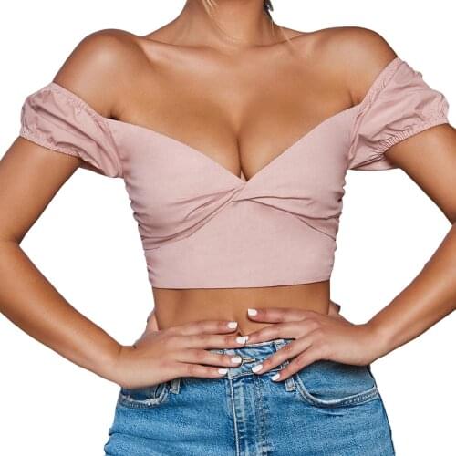 Womens Crop Tops Short Sleeve Off Shoulder Pleated Chest Solid Color T-shirt for Female