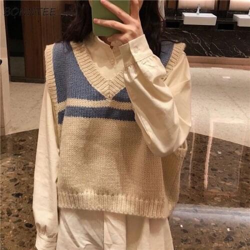 Sweater Vest Women Casual Patchwork V-neck Trendy Soft Harajuku Lovely Girls Knitwear Sleeveless Basic Simple Female Clothing