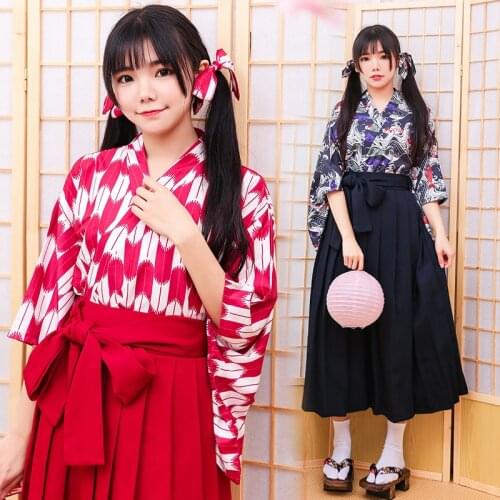 Lucyever Japanese Style Dress Kimono Women Black Red Print Bow Skirts and Long Sleeve Tops Haori Kawaii Cosplay 2 Pieces Sets