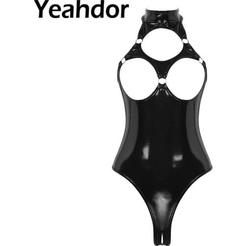 Women Sexy Wet Look Patent Leather Lingerie Bodysuit Halter Neck Sleeveless Hollow Out Nipple Open Back Crotchless Thong Leotard