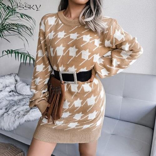 Women Houndstooth Long Sleeve Dress Casual Loose Knitted Warm Mini Dress Elegant Vintage Spring Autumn Basic Black Dress 2021