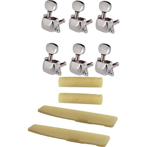 2 Sets Bone Bridge Saddle Nut for 6 String Acoustic Guitar + 6R Semi Closed Tuners