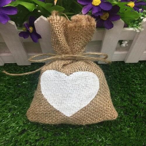 20pcs/lot Cute White Heart Fabric Wedding Candy Bag DIY Yellow Linen Small Gift Storage Bag Party Decoration Sugar Bag