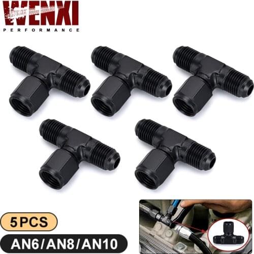 Aluminum Flare Tee Fitting AN6 AN8 AN10 Female To Male Tee On Side Thread Fitting Adapter Black 5 Pack