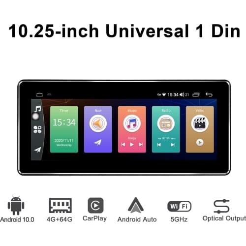 Car Radio 1din Android Head Unit Universal GPS 10.25 Inch Touch Screen Central Multimedia Wireless Carplay Bluetooth USB Camera