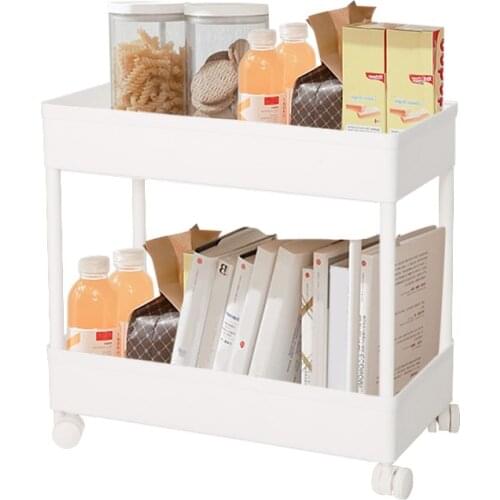 BAOYOUNI 2 Tier Plastic Slim Trolley Movable Storage Cart Pull Out Trolley Shelf with Wheels for Kitchen Bathroom White