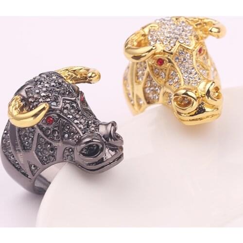 HIP Hop Micro Pave Rhinestone Animal Bull Head Ring Black/Gold Color Tau Rings Mens Rock Rapper Jewelry