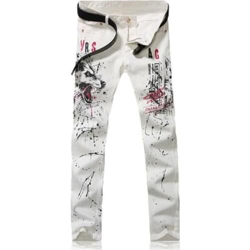 New Men Italy Fashion Runway White Jeans Mens 3d Wolf Painting Printed Hiphop Jean Skinny Jean Men 2017 Harem Pants Men Jean P40