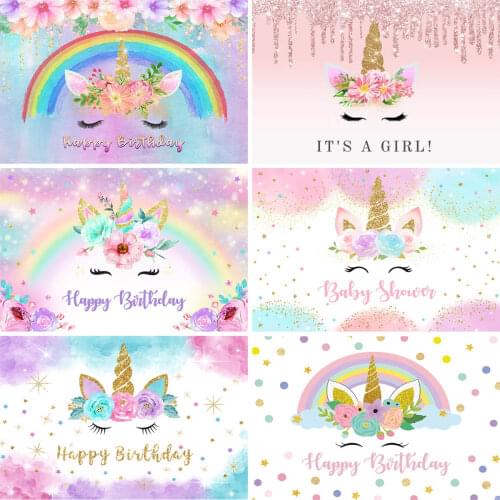 Unicorn Rainbow Cloud Floral Newborn Baby Shower Child Birthday Backdrop Cake Table Decor Props Custom Portrait Photo Studio