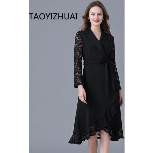 European and American fashion light mature temperament Black Lace stitching suit dress women V-neck plus size dresses