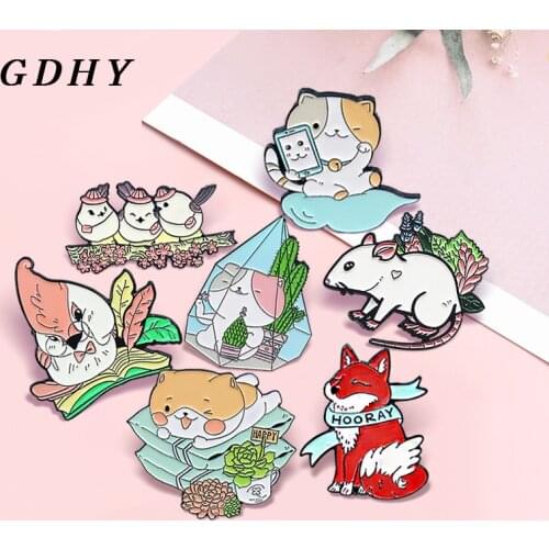 GDHY Enamel Animal Brooch Cute Cat Mouse Rat Bird Red Fox HOORAY Potted plants Cactus Lapel Pin Badge Jewelry Gift for Friend