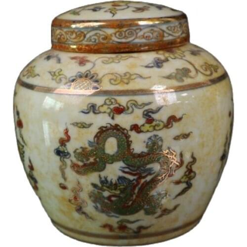 Chinese Old Porcelain Chenghua Gold Painted Colorful Dragon and Phoenix Pattern Jar Storage lid Jar