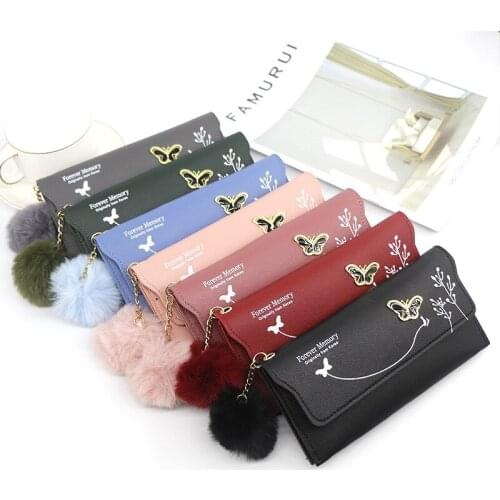 Leather Wallets Fashionable New Women Long Wallets Pure Color Wool Ball Bow Clutch Bag Womens Long Bag Card Bag Coin Purse 2020