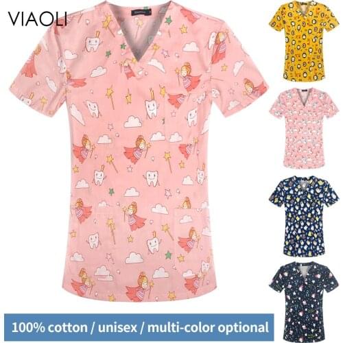 Cartoon Tooth Print Medical Uniform Scrubs Women Workwear Short Sleeve V-neck Nurse Tops Pet Grooming Doctor Work T-shirt Blouse