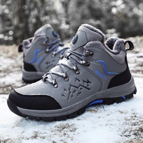 Fashion Men Winter Boots With Fur Keep-warm Plush Couple Men Hiking Boots Anti-slip High-top Outdoor Trekking Shoes Men Sneakers