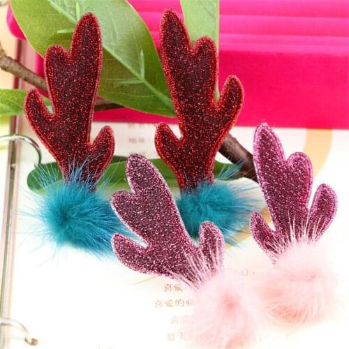 Newest 10 Pairs Glitter Chrtistmas Deer Horn with Fur Balls For Girls Hair Jewelry Headband Decoration DIY Fabric Button Patch