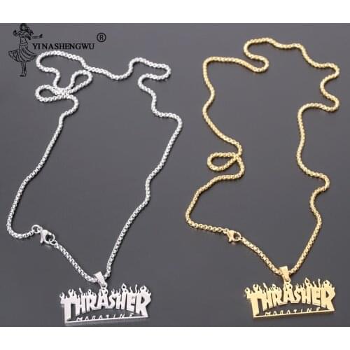 Thrasher Magazine Flame Pendant Necklace Men Hip Hop Rock Titanium Stainless Steel Gold Chain Necklace Fashion Men Jewelry