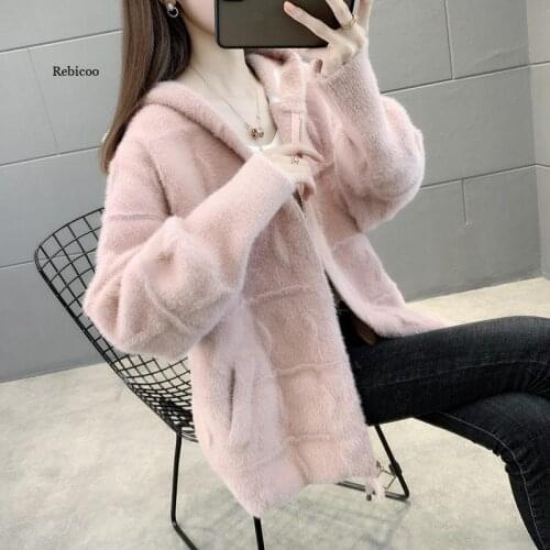 Imitation Mink Cashmere Coat Autumn Winter New Womens Clothing Thick Plush Cardigan Hooded Knitted Jacket With Zipper