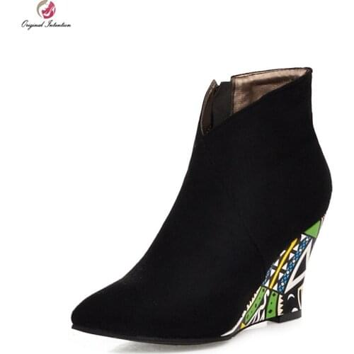 Original Intention New Design Wedges Pointed Toe Short Boots Woman Ankle Boots Black Green Purple Orage Sexy Colorful Shoes