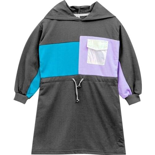 Teenagers Girls Casual Dresses 2021 New Autumn Fashion Active Children Patchwork Clothes Hooded Contrast Color Drawstring Dress