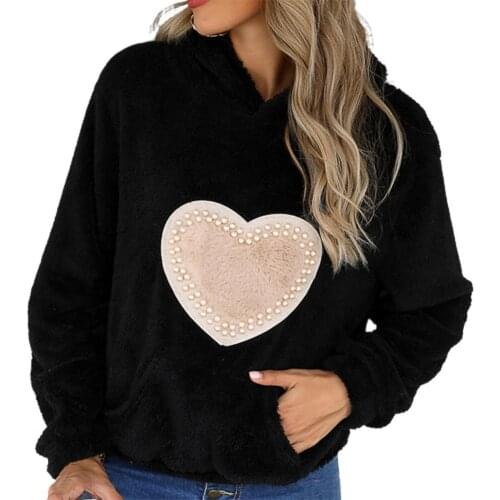 Hoodie Women Fashion Love Heart Pattern Long Sleeve Hooded Plush Pullover Hoodie Blouse