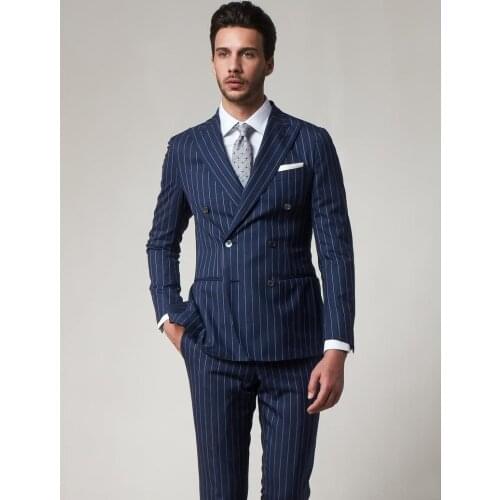 High Quality Double Breasted Blue Strips Groom Tuxedos Peak Lapel Groomsmen Mens Suits Blazers (Jacket+Pants+Tie) W:688