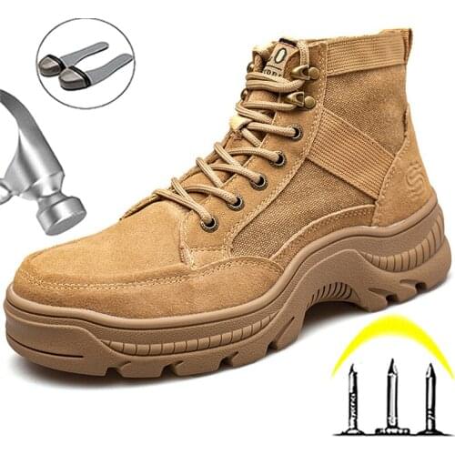 Genuine Leather Safety Shoes Men Tactical Military Boots Outdoor Combat Boots Puncture-Proof Work Boots Indestructible Shoes