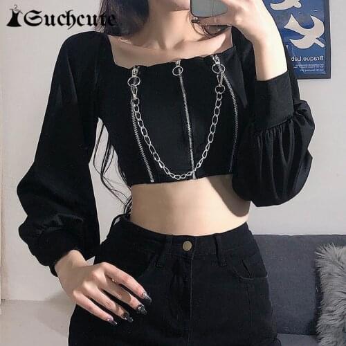 SUCHCUTE 2021 Spring Sexy Crop Tops For Women Gothic Chain Long Sleeve Skinny Slim T-Shirt Punk Style 90s Outfits Black Tee