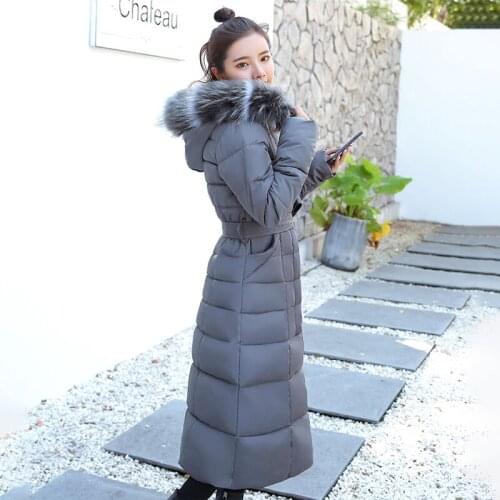 Plus Size Womens Winter X-long Down Jacket Slim Solid Woman Coats Hooded Thick Fur Collar With Sashes Padded Overcoat Female