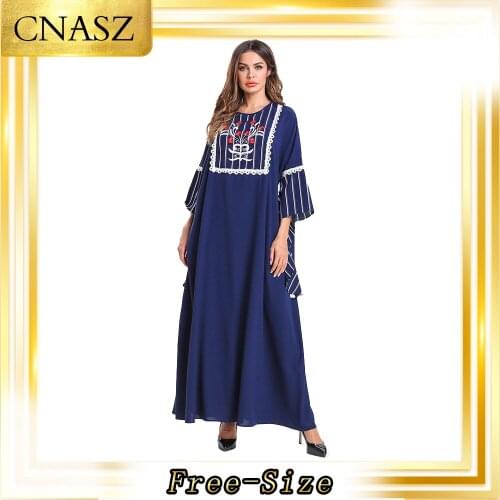 Abaya Turkish Robe Longue Femme Muslim Fashion New Striped Print Stitching Embroidered Bat Musulman Femme Long Sleeve Dress