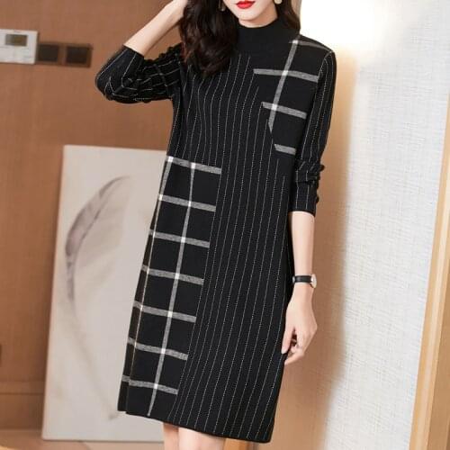2021 Black Striped Turtleneck Wool Sweater Dress Autumn Winter Vintage Casual Plus Size Knitted Sweaters Elegant Women Vestidos