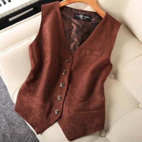 Vintage coffee ol suede waistcoat women v-neck slim single breasted spring autumn top vest plus size 4XL