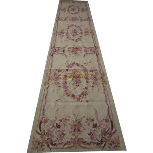 015 Beautiful Pastel Pink Rose Garland Medallion Handmade Aubusson Runner Rug gc8aubyg13