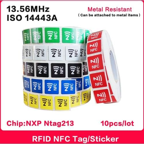 10PCS NFC Stickers Tag ISO14443A 13.56MHz NXP NTAG213 Anti-metal Label RFID HF Smart electronic Tags Can attached to metal items
