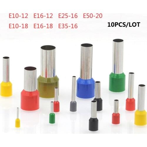 10pcs Tube Insutated Crimp Terminal Electrical Wire Connectors Ferrule E10-12~E50-20 Terminals Connector Cable 8-0AWG 10-50mm2