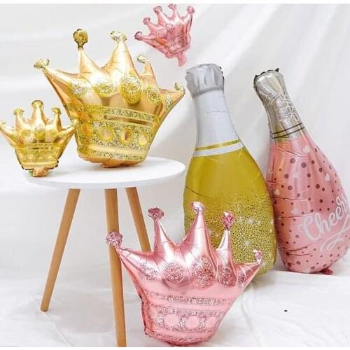 2pcs Rose Gold Crown Champagne Bottle Foil Balloons Prince Princess Party Decorations Kids Birthday Bachelorette Party Decors