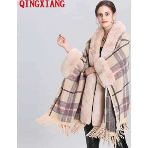 2020 Faux Fur Open Stitch Loose Coat Big Pendulum Hat Capes Women Winter Thick Outwear Long Batwing Sleeves Plaid Tassel Cloak