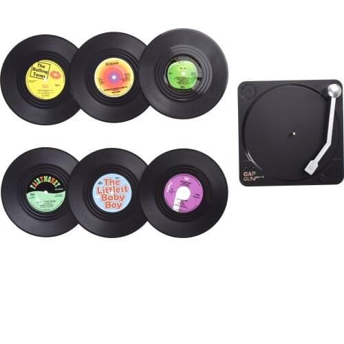 6pcs Vinyl Disk Coasters With Vinyl Record Player Holder Creative Koffie Mok Cup Onderzetters Hittebestendig Antislip Pads