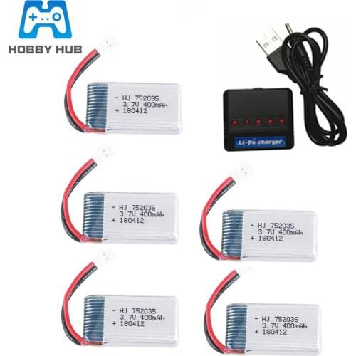 3.7V 400mAh 752035 lipo battery + 3.7v Charger For H31 X4 H107 H6C KY101 E33C E33 U816A V252 RC Drone spare parts 1pcs to 5pcs