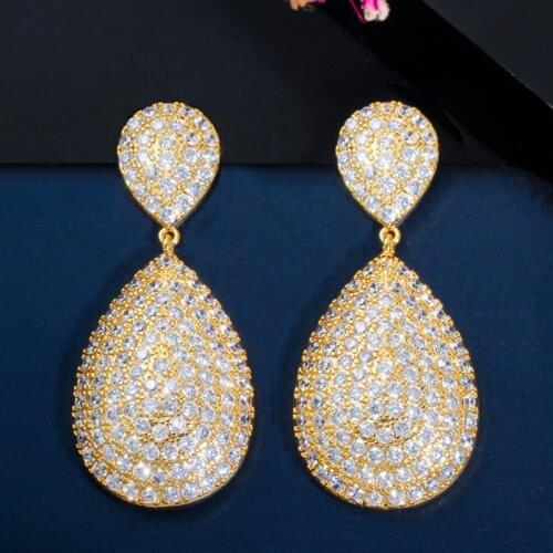 CWWZircons Classic Long Big Water Drop Indian 18k Gold Luxury Micro Pave CZ Earrings Dubai Silver Bridal Wedding Jewelry CZ652