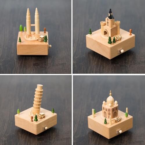 18 Tones Wooden Music Box Clockwork Caja Musical Castle Muilding Model Wooden Cakets Musica Happy Birthday Home Decor Xmas Gift