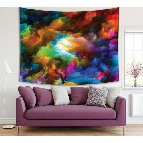 Tapestry Abstract Artwork Top View of Wild Nature Trees Forest Mountain Colorful Red Blue Green Orange Pink