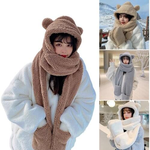 3 In 1 Hat Scarf Gloves Set Winter Warm Cute Bear Ears Plush Hoodie Cap Casual Solid Thicken Cotton Wool Women Hat LL@17