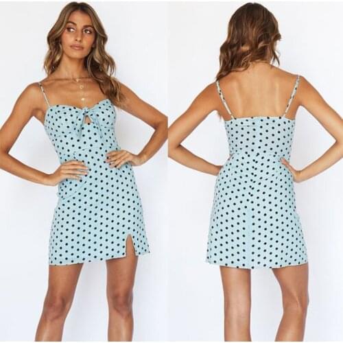 Summer Womens Party Street Apparel Short Dress Ladies Sky Blue Sexy Cute Playful Sling Bow Tight Bag Hip Dot Print Mini Dresses