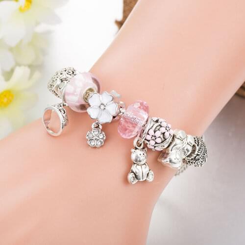 VIOVIA 2019 New Fashion Lovely Bear Charm Bracelet With Pink Murano Beads Bracelet for Women Girl Jewelry Gift B19029