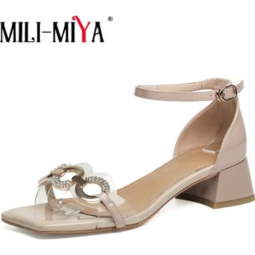 MILI-MIYA British Style Ankle Strappy Metal Rhinestone Inlaid Sandals Patent Leather Chunky Heel Square Toe Buckle Casual Shoes