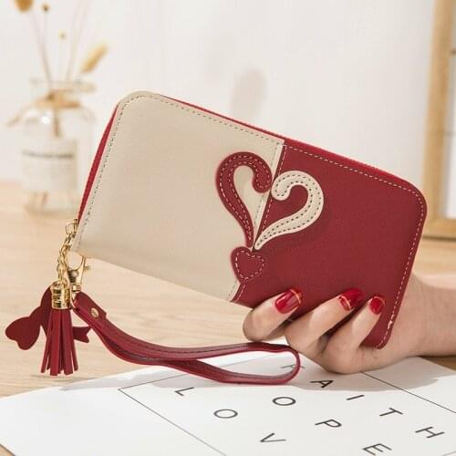 Fashion Women Long Color Contrast Heart Wallets Female Wristband Credit Card Holder Ladies Pu Leather Zipper Coin Purses Clutch