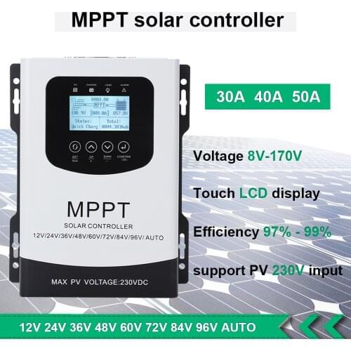 MPPT Solar Controller 30A 40A 50A LCD Display 12V 24V 48V 60V 72V 96V Automatic Identification Universal Photovoltaic Charging
